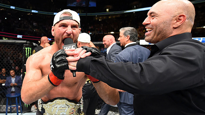 CLEVELAND, OH - SEPTEMBER 10: (L-R) Stipe Miocic speaks with Joe Rogan after defeating Alistair Overeem of The Netherlands in their UFC heavyweight championship bout during the UFC 203 event at Quicken Loans Arena on September 10, 2016 in Cleveland, Ohio. (Photo by Josh Hedges/Zuffa LLC)