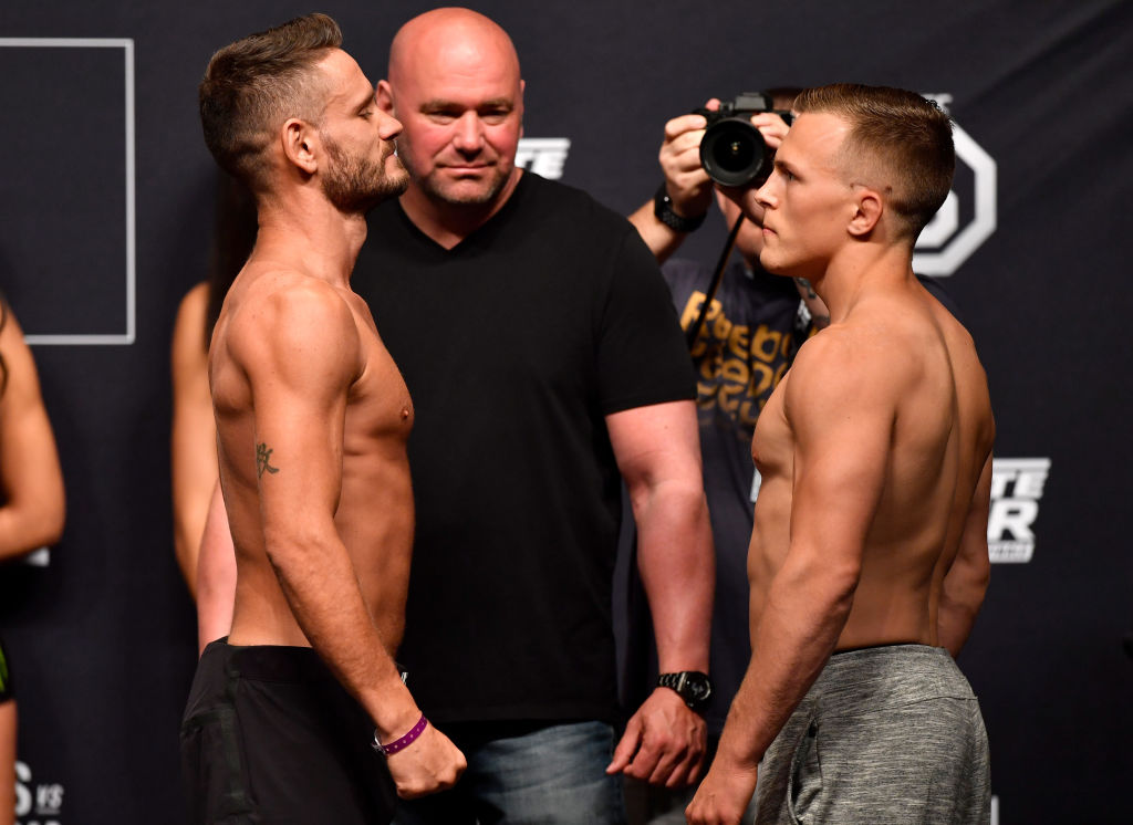 Opponents Jay Cucciniello and Brad Katona face off during The Ultimate Fighter Finale weigh-in insideThe Pearl concert theater at Palms Casino Resort on July 5, 2018 in Las Vegas, NV. (Photo by Jeff Bottari/Zuffa LLC)