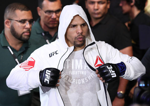 BELEM, BRAZIL - FEBRUARY 03: Eryk Anders prepares to enter the Octagon before facing Lyoto Machida of Brazil in their middleweight bout during the UFC Fight Night event at Mangueirinho Arena on February 03, 2018 in Belem, Brazil. (Photo by Buda Mendes/Zuffa LLC/Zuffa LLC via Getty Images)