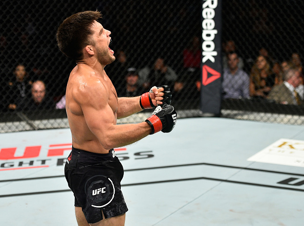 EDMONTON, AB - SEPTEMBER 09: Henry Cejudo celebrates his knockout victory over Wilson Reis of Brazil in their flyweight bout during the UFC 215 event inside the Rogers Place on September 9, 2017 in Edmonton, Alberta, Canada. (Photo by Jeff Bottari/Zuffa LLC/Zuffa LLC via Getty Images)