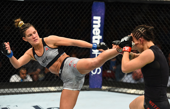 GLENDALE, AZ - APRIL 14: (L-R) <a href='../fighter/cortney-casey'>Cortney Casey</a> kicks <a href='../fighter/michelle-waterson'>Michelle Waterson</a> in their womens strawweight fight during the <a href='../event/UFC-Silva-vs-Irvin'>UFC Fight Night </a>event at the Gila Rivera Arena on April 14, 2018 in Glendale, Arizona. (Photo by Josh Hedges/Zuffa LLC/Zuffa LLC via Getty Images)“ align=“center“/><br />Cortney Casey answers with little to no hesitation.<p>“I’m alive. I’m happy, I’m healthy, my family’s good and I get to do what I love. And just being a good influence and a positive influence on the martial arts community, especially the younger generation, that’s what means the most for me.”</p><p>The question was a tough one for the No. 11-ranked strawweight contender, who faces No. 14-ranked <a href=