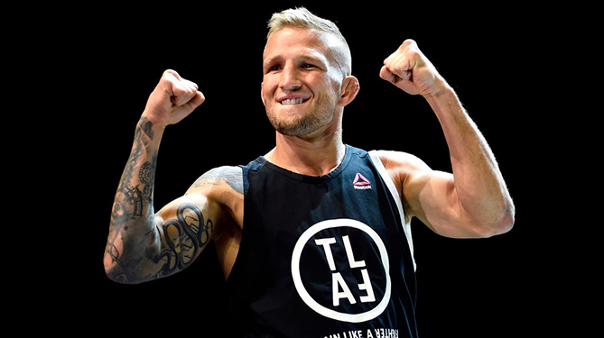 LOS ANGELES, CA - AUGUST 01: UFC bantamweight champion TJ Dillashaw holds an open workout for fans and media at The Novo at LA Live on August 1, 2018 in Los Angeles, California. (Photo by Jeff Bottari/Zuffa LLC via Getty Images)