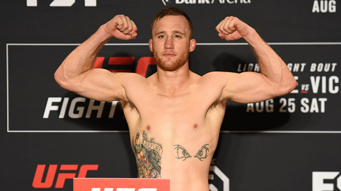 LINCOLN, NE - AUGUST 24: Justin Gaethje poses on the scale during the UFC weigh-in on August 24, 2018 in Lincoln, Nebraska. (Photo by Josh Hedges/Zuffa LLC via Getty Images)