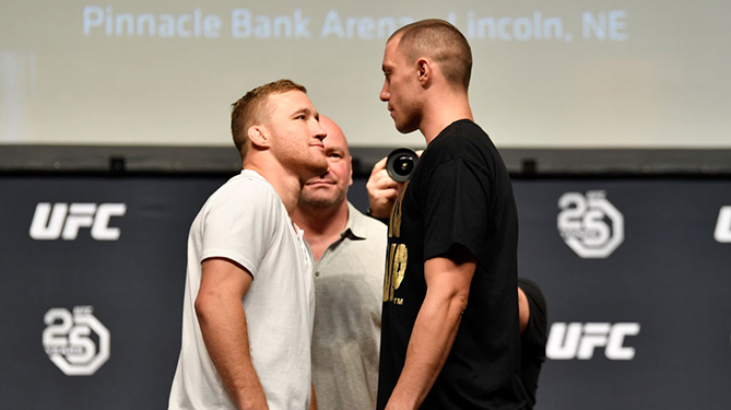 LOS ANGELES, CA - AUGUST 03: (L-R) Opponents Justin Gaethje and James Vick face off during the UFC press conference inside the Orpheum Theater on August 3, 2018 in Los Angeles, California. (Photo by Jeff Bottari/Zuffa LLC/Zuffa LLC via Getty Images)