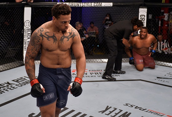 LAS VEGAS, NV - AUGUST 07: <a href='../fighter/Greg-Hardy'>Greg Hardy</a> celebrates after his TKO victory over <a href='../fighter/Tebaris-Gordon'>Tebaris Gordon</a> in their heavyweight fight during Dana White’s Tuesday Night Contender Series at the TUF Gym on August 7, 2018 in Las Vegas, Nevada. (Photo by Chris Unger/DWTNCS LLC)“ align=“center“/></div><div readability=