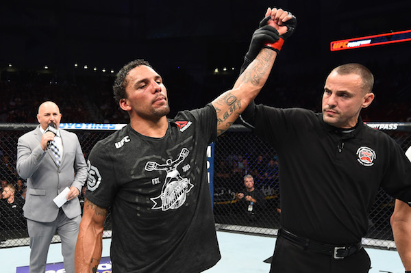 LINCOLN, NE - AUGUST 25: <a href='../fighter/Eryk-Anders'>Eryk Anders</a> celebrates after his knockout victory over <a href='../fighter/tim-williams'>Tim Williams</a> in their middleweight fight during the <a href='../event/UFC-Silva-vs-Irvin'>UFC Fight Night </a>event at Pinnacle Bank Arena on August 25, 2018 in Lincoln, Nebraska. (Photo by Josh Hedges/Zuffa LLC via Getty Images)“ align=“center“/> When <a href=