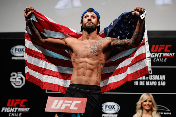 SANTIAGO, CHILE - MAY 18: <a href='../fighter/Brandon-Davis'>Brandon Davis</a> of the United States poses on the scale during the <a href='../event/UFC-Silva-vs-Irvin'>UFC Fight Night </a>weigh-in at Movistar Arena on May 18, 2018 in Santiago, Chile. (Photo by Buda Mendes/Zuffa LLC/Zuffa LLC via Getty Images)“ align=“center“/><br />Brandon Davis wasn’t exactly looking for a fight this weekend, but when he found out that <a href=