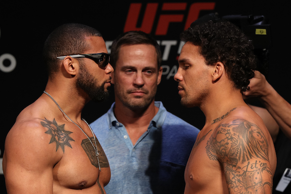 SAO PAULO, BRAZIL - SEPTEMBER 21: (L-R) Opponents Thiago Santos of Brazil and Eryk Anders of the United States face off during the UFC Fight Night weigh-in at Ibirapuera Gymnasium on September 21, 2018 in Sao Paulo, Brazil. (Photo by Buda Mendes/Zuffa LLC via Getty Images)