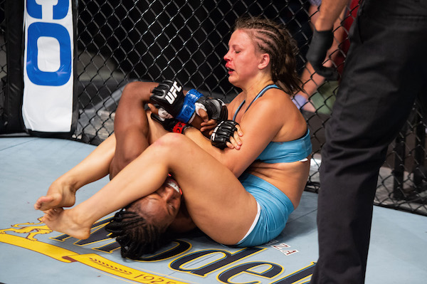 LAS VEGAS, NV - JULY 19: (R-L) Julija Stoliarenko of Lithuania attempts to submit Marciea Allen during the filming of The Ultimate Fighter: Heavy Hitters on JULY 19, 2018 in Las Vegas, Nevada. (Photo by Chris Unger/Zuffa LLC via Getty Images)