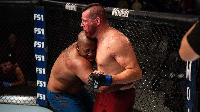 LAS VEGAS, NV - JULY 26: (L-R) Michel Batista attempts to take down Josh Parisian during the filming of The Ultimate Fighter: Heavy Hitters on JULY 26, 2018 in Las Vegas, Nevada. (Photo by Chris Unger/Zuffa LLC via Getty Images)