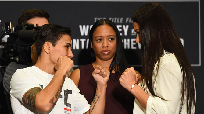 DALLAS, TX - SEPTEMBER 06: (L-R) Opponents <a href='../fighter/Jessica-Andrade'>Jessica Andrade</a> of Brazil and <a href='../fighter/karolina-kowalkiewicz'>Karolina Kowalkiewicz</a> of Poland face off during the UFC 228 <a href='../event/Ultimate-Brazil'>ultimate </a>media day on September 6, 2018 in Dallas, Texas. (Photo by Josh Hedges/Zuffa LLC/Zuffa LLC via Getty Images)“ align=“center“/>UFC 228 has a new co-main event, and while a championship belt doesn’t hang in the balance, it does carry title implications.<p>In the wake of the women’s flyweight title fight between <a href=