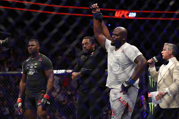 Derrick Lewis raises his hand in a decision over Francis Ngannou during UFC 226 (Photo by Christian Petersen/Zuffa LLC)