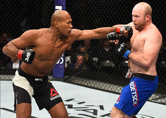 BROOKLYN, NEW YORK - FEBRUARY 11: (L-R) Ronaldo Souza of Brazil punches <a href='../fighter/Tim-Boetsch'>Tim Boetsch</a> in their middleweight bout during the UFC 208 event inside Barclays Center on February 11, 2017 in Brooklyn, New York. (Photo by Jeff Bottari/Zuffa LLC via Getty Images)“ align=“center““/>The other piece is that Weidman is 5-0 in the UFC and 6-0 overall in his career against Brazilian opponents, including earning victories over Souza’s long-time friends <a href=