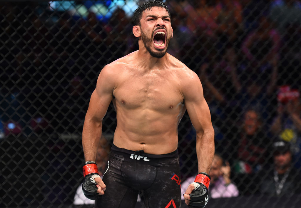Julio Arce celebrates after submitting Daniel Teymur of Sweden in their featherweight fight during the UFC Fight Night event at the Adirondack Bank Center on June 1, 2018 in Utica, New York. (Photo by Josh Hedges/Zuffa LLC)