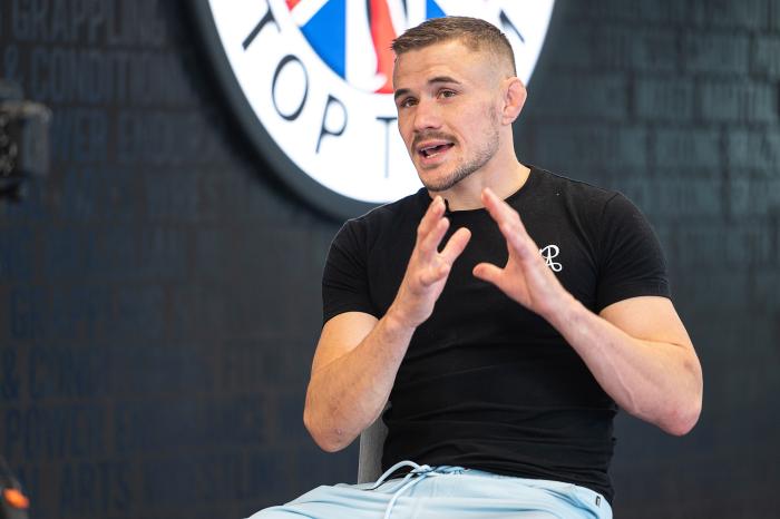 UFC featherweight Nathaniel Wood is interviewed at Great Britain Top Team In Mitcham, South London, United Kingdom. (Photo by John Barry/Zuffa LLC)