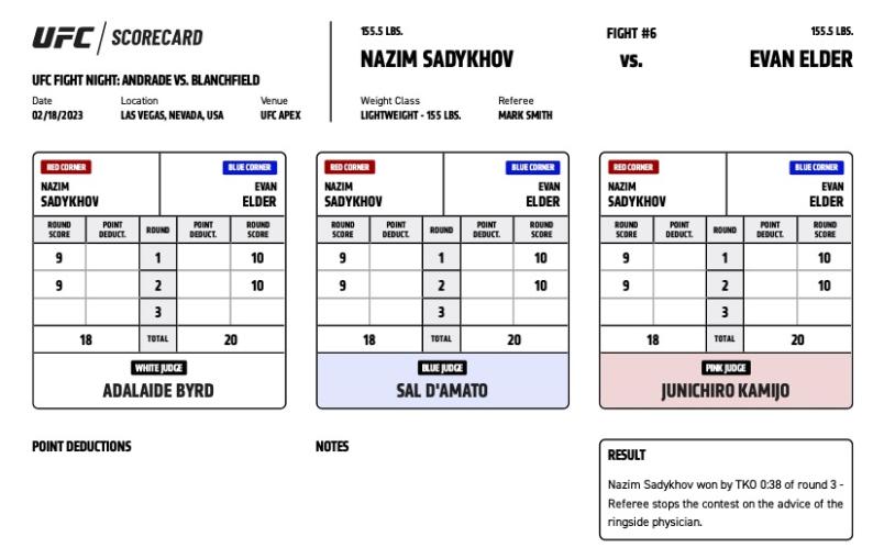 Nazim Sadykhov defeats Evan Elder by TKO (doctor stoppage) at 0:38 of Round 3